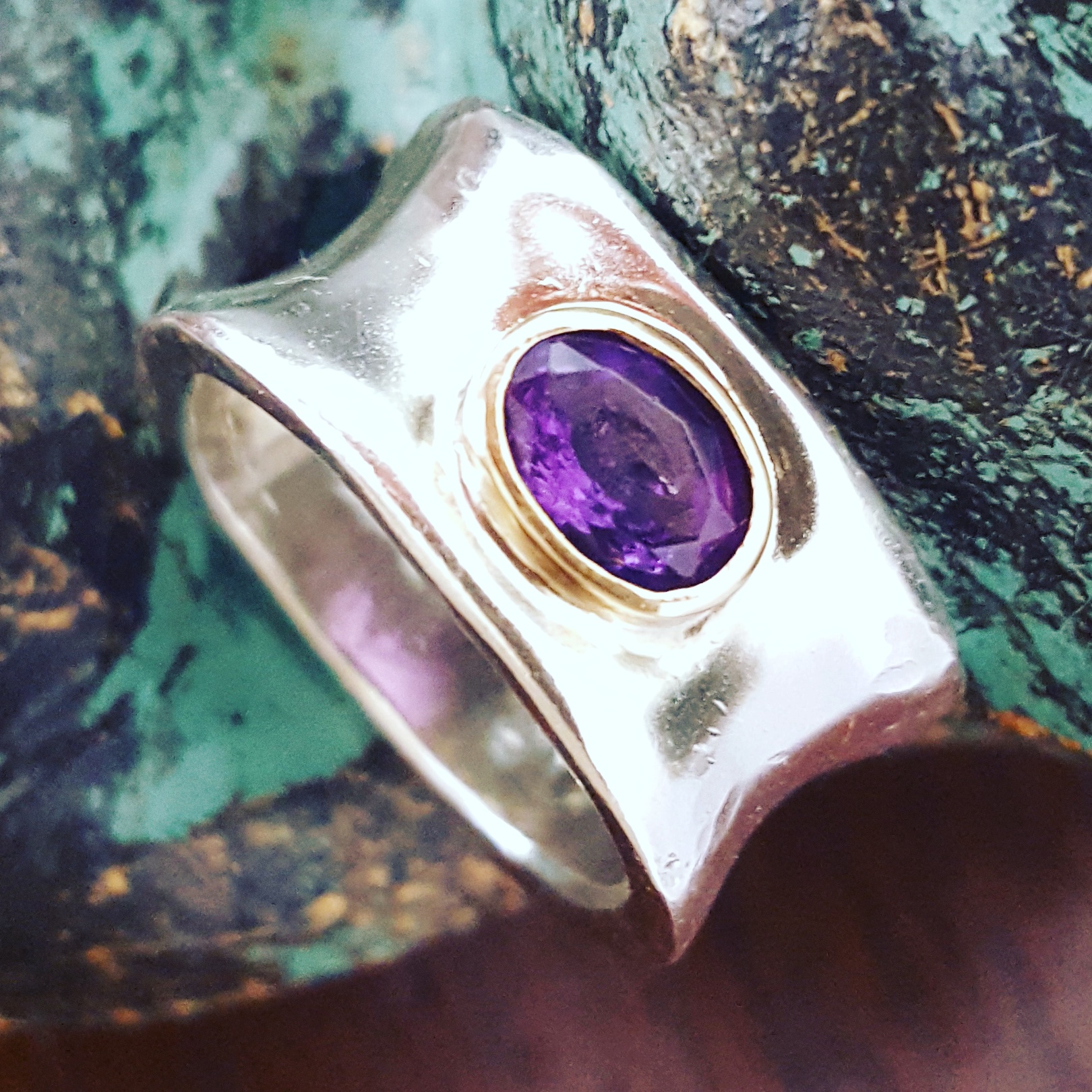 sterling silver ring with amethyst and gold bezel ~ heather reilly, metalsmith