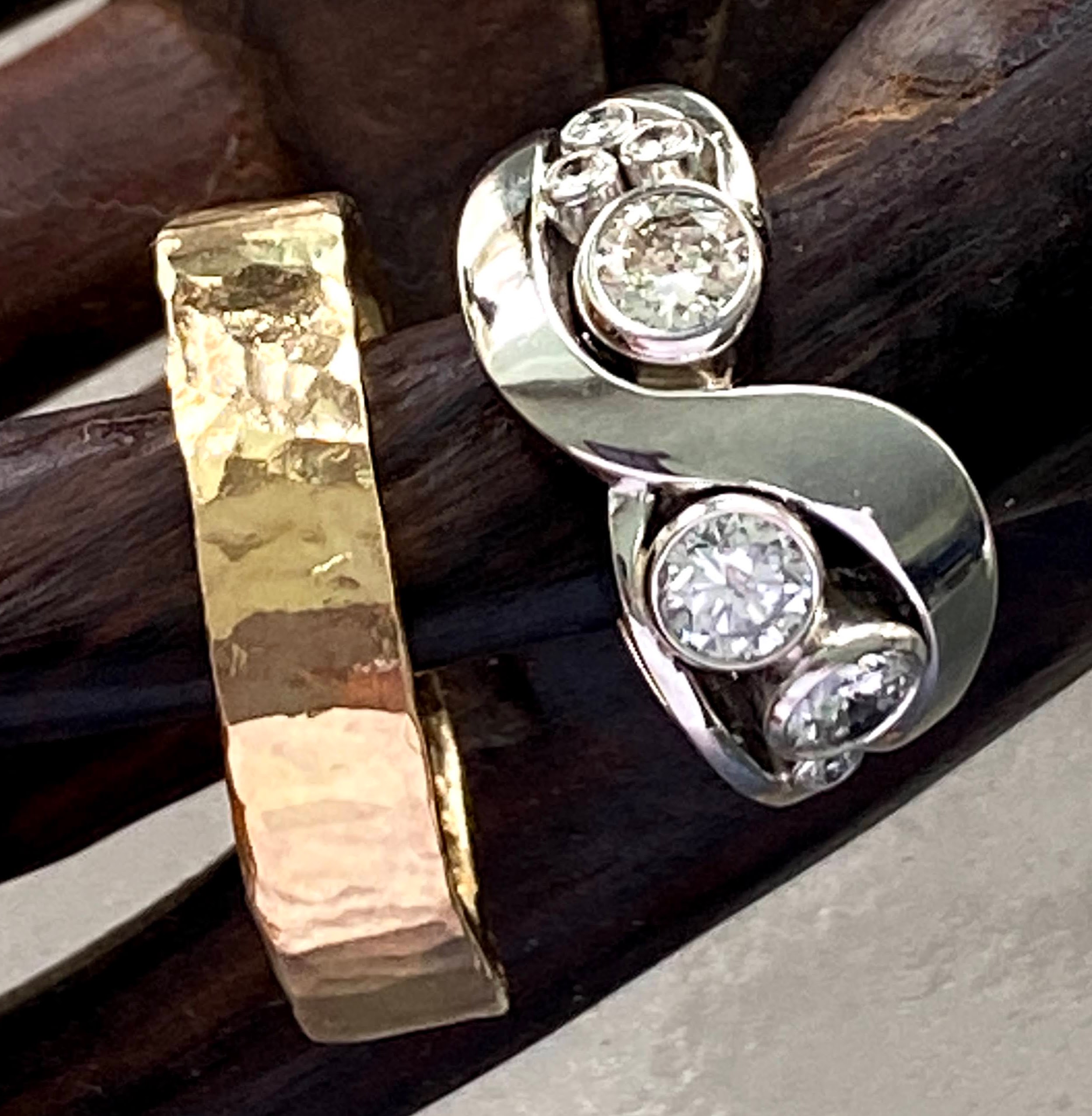 recycled yellow gold wedding ring and platinum diamond ring w/ repurposed diamonds