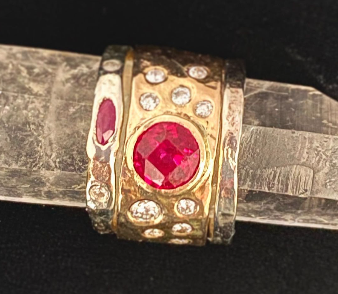 recycled yellow and white gold rings with rubies and diamonds