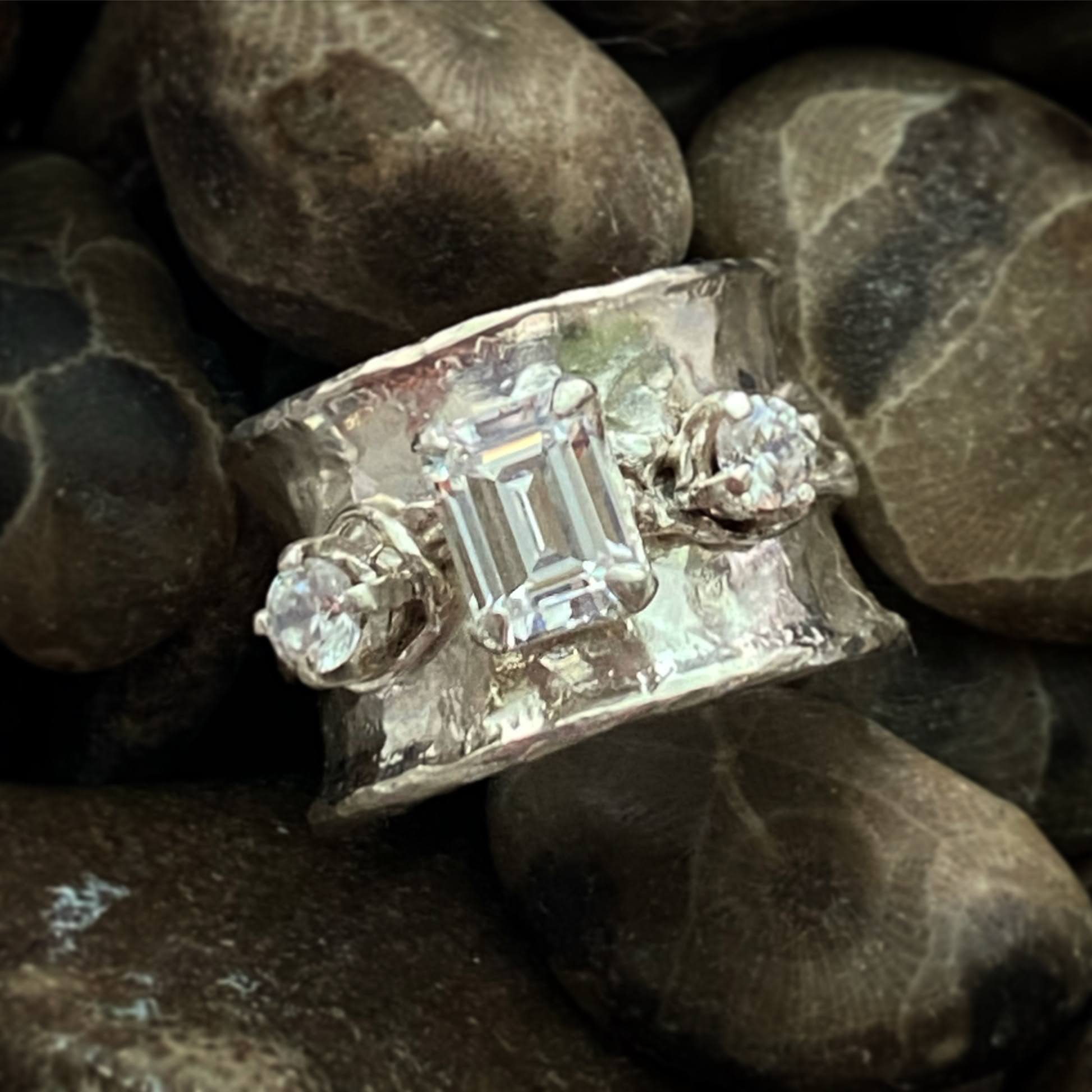 hand forged sterling silver ring w/ emerald cut diamond